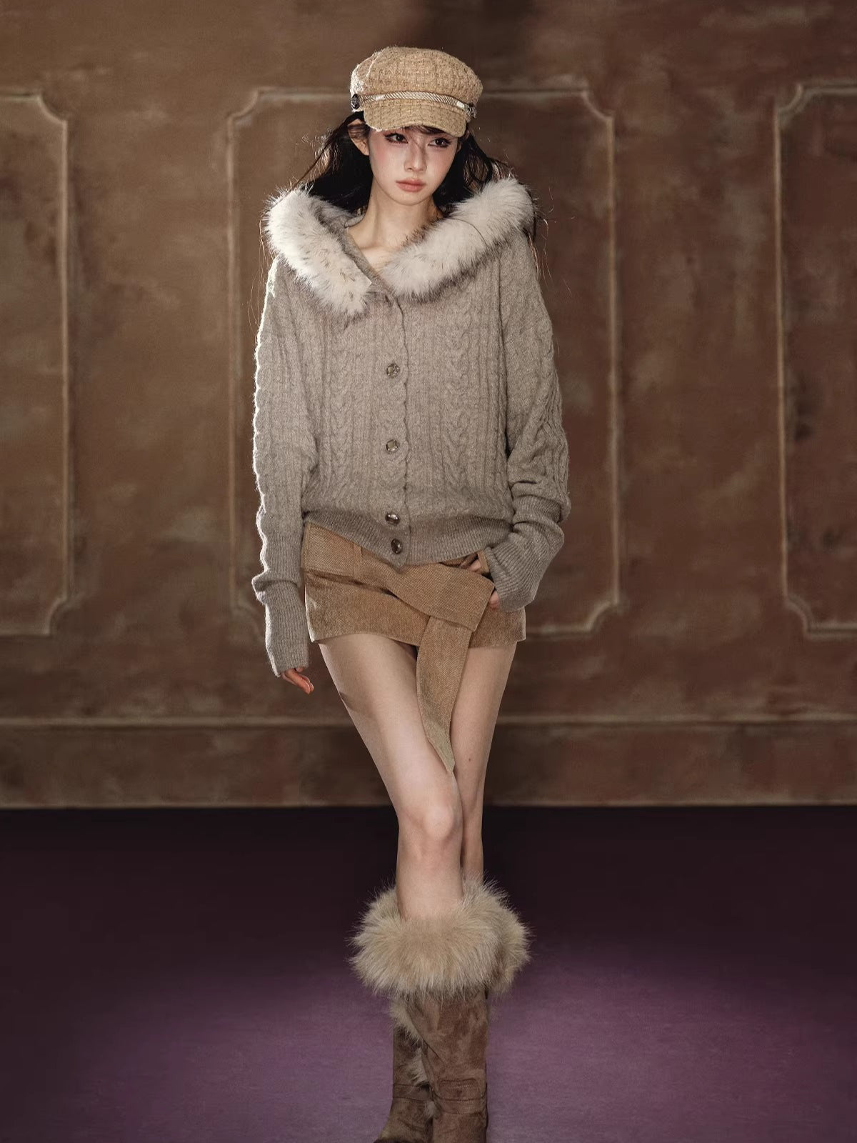 Shimmer Cable-Knit Hooded Cardigan