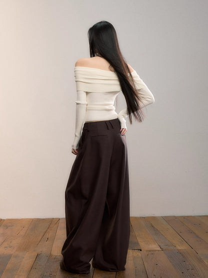 Off-Shoulder Bow Detail Knit Crewneck