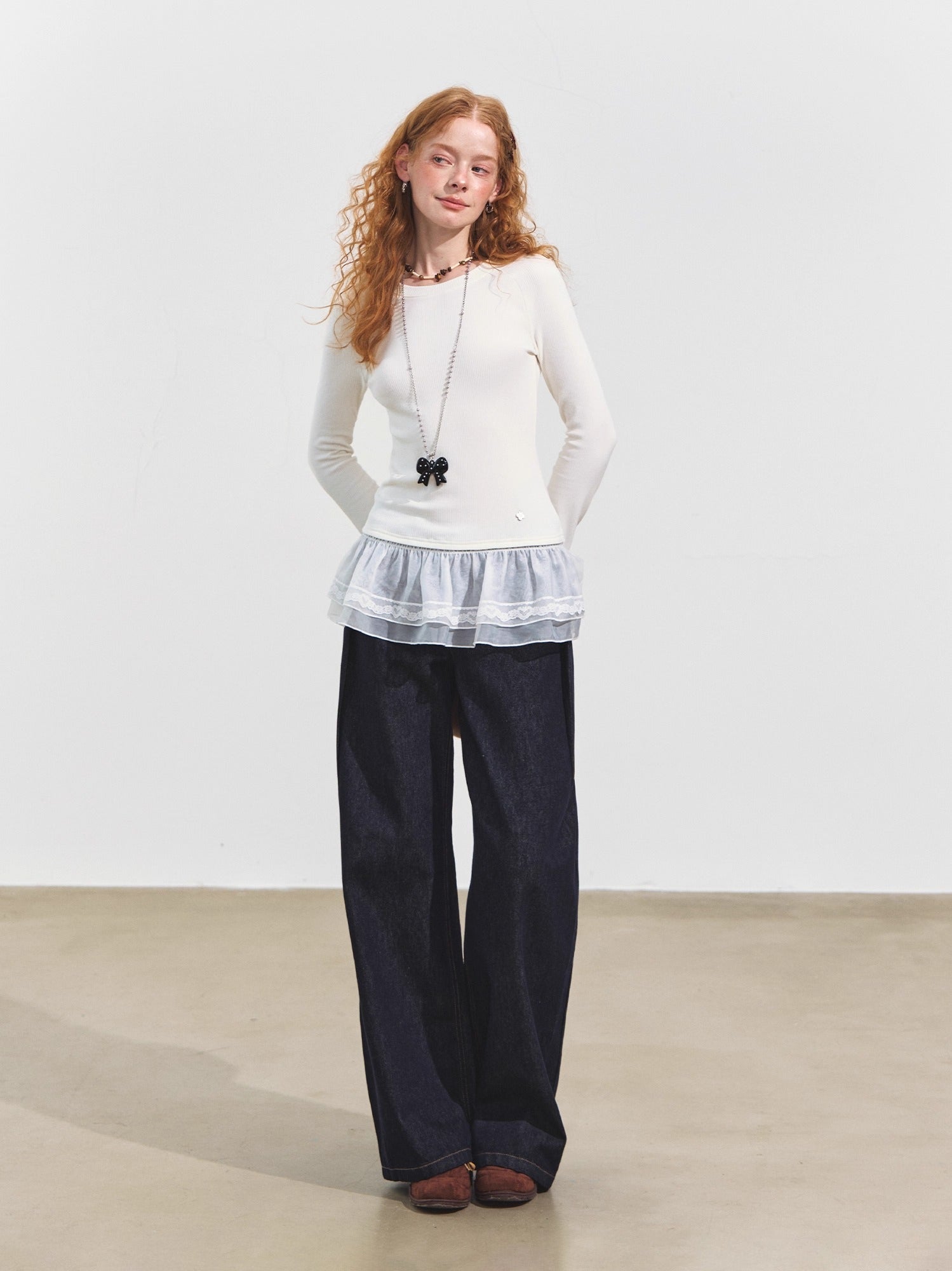 Double-Layer Ruffle Raglan Sleeve Fleece T-Shirt