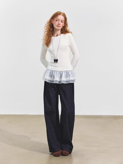 Double-Layer Ruffle Raglan Sleeve Fleece T-Shirt