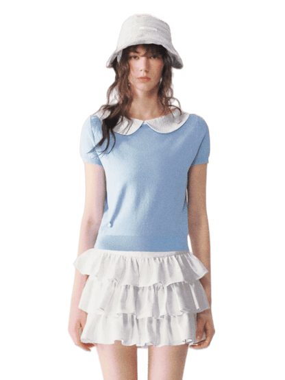 Peter Pan Collar Contrast Knit Short Sleeve Top