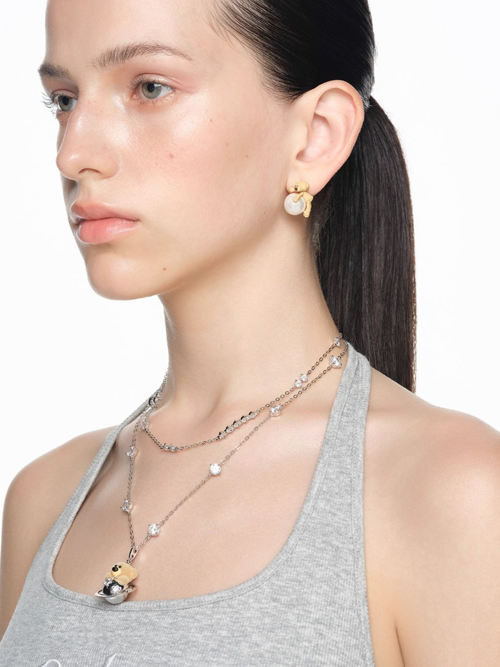 Flocked Bear Double Layer Necklace