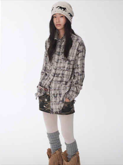 Washed Plaid Frayed-Edge Fitted Shirt