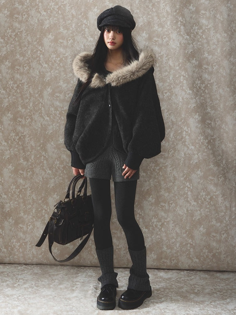 Fur Collar Wool-Blend Batwing Cape