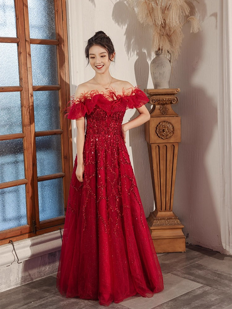 Feathered Scarlet Embellished Off-Shoulder Gown