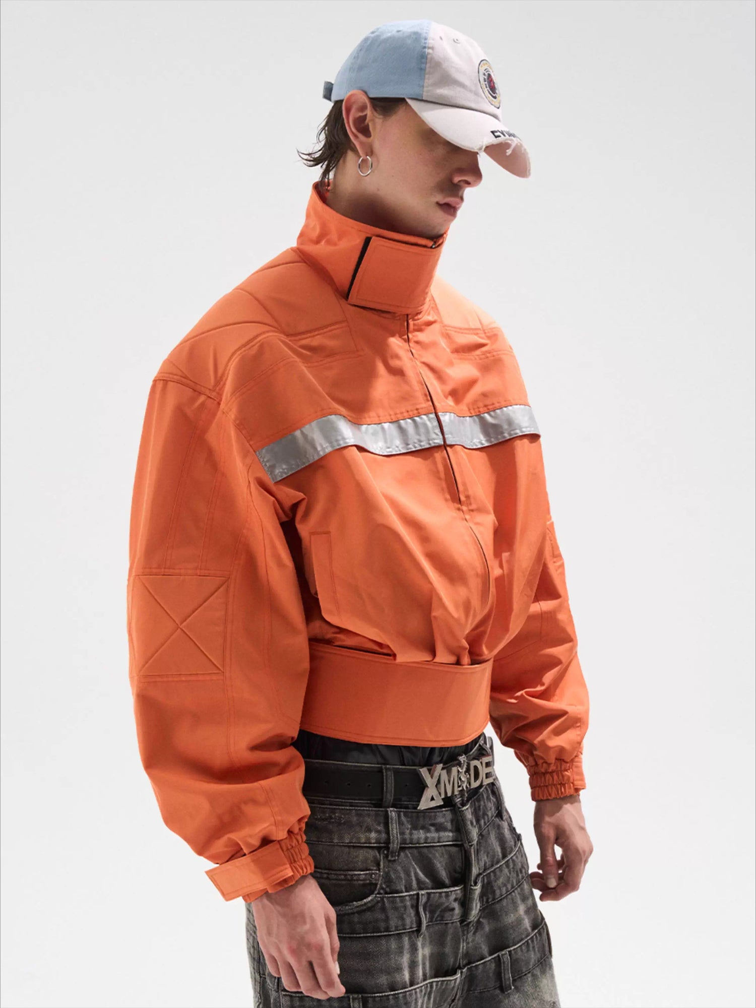 Reflective Trim Stand-Collar Oversized Jacket