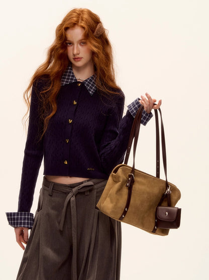 Wool Blend Plaid Patchwork Cable Knit Cardigan