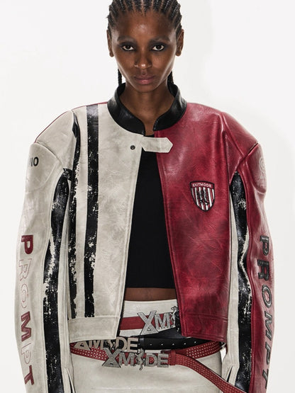 Distressed Contrast Leather Sports Jacket