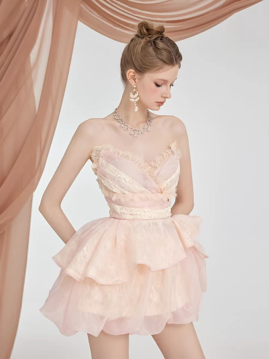 Puff Skirt &amp; V-Neck Bandeau Two-Piece Set