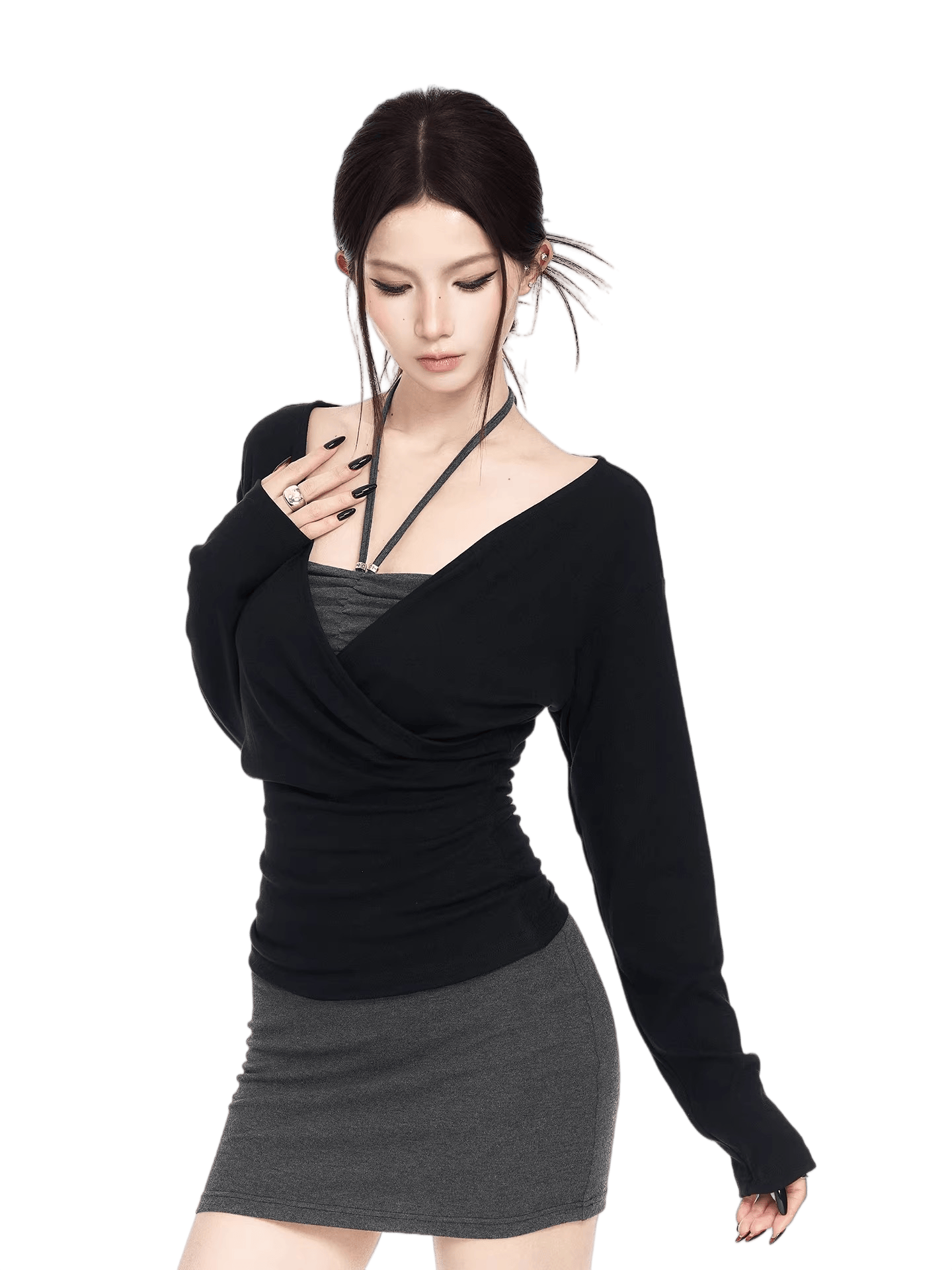 Contrast V-Neck Knit Top &amp; Bodycon Dress Set