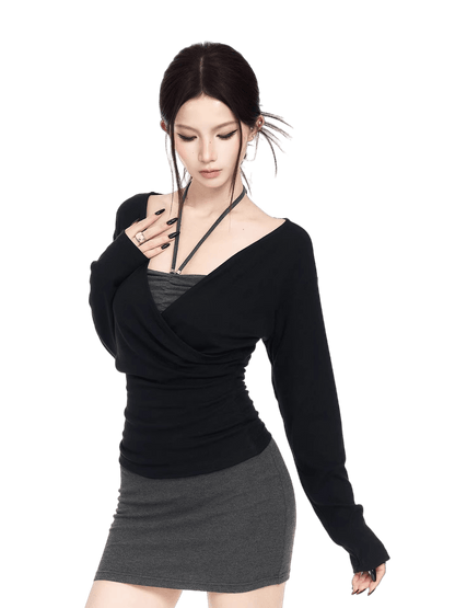 Contrast V-Neck Knit Top &amp; Bodycon Dress Set