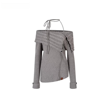 Off-Shoulder Halter Neck Cable Knit Sweater