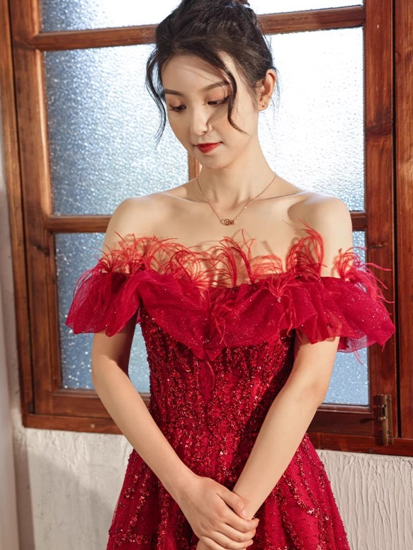 Feathered Scarlet Embellished Off-Shoulder Gown