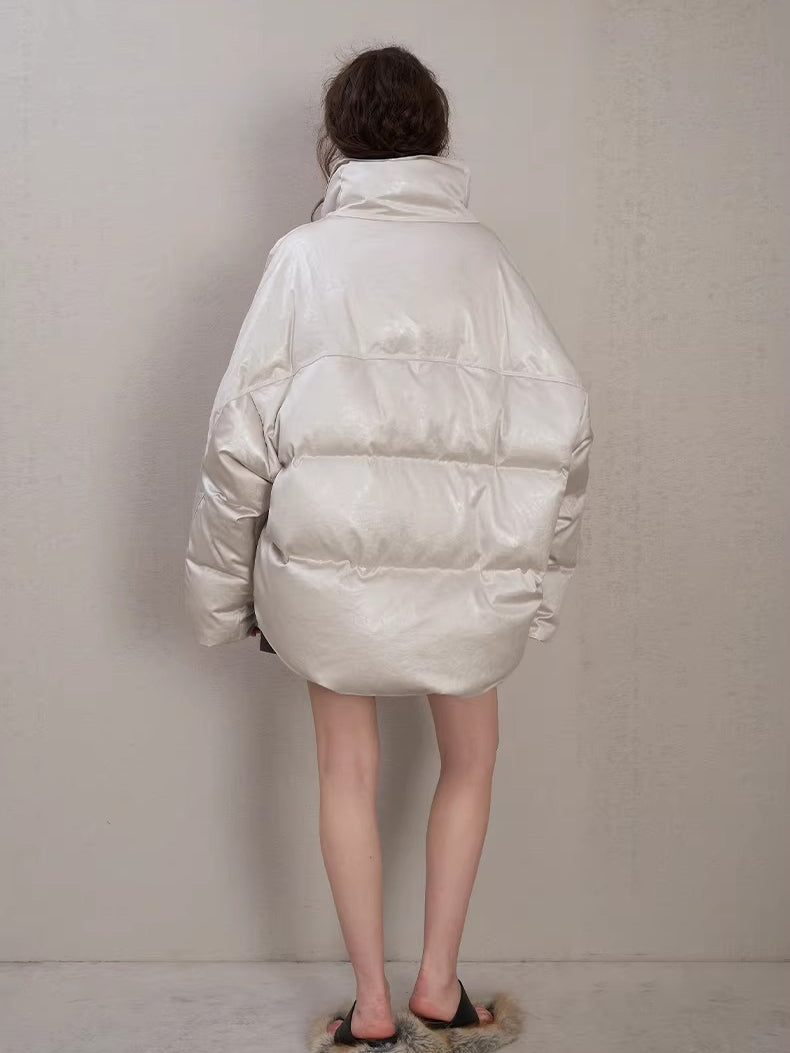 Oversized Leather-Texture Down Jacket