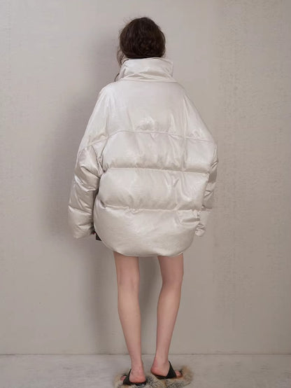 Oversized Leather-Texture Down Jacket