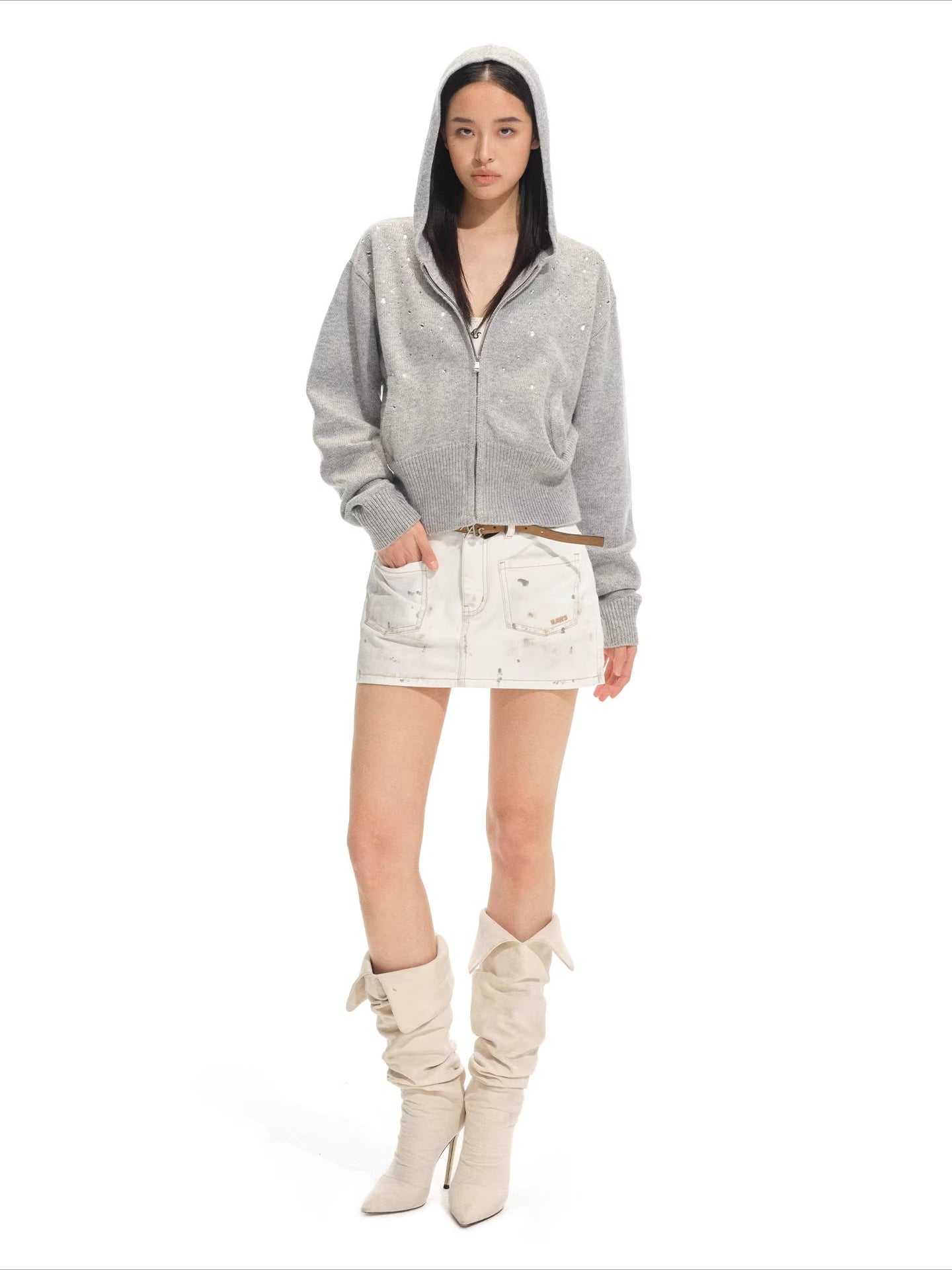 Stardust Gradient Rhinestone Hooded Knit Cardigan