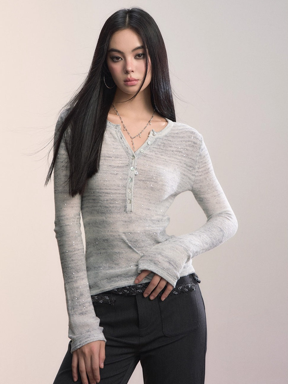 Sequin-Kissed Mélange Henley Knitwear