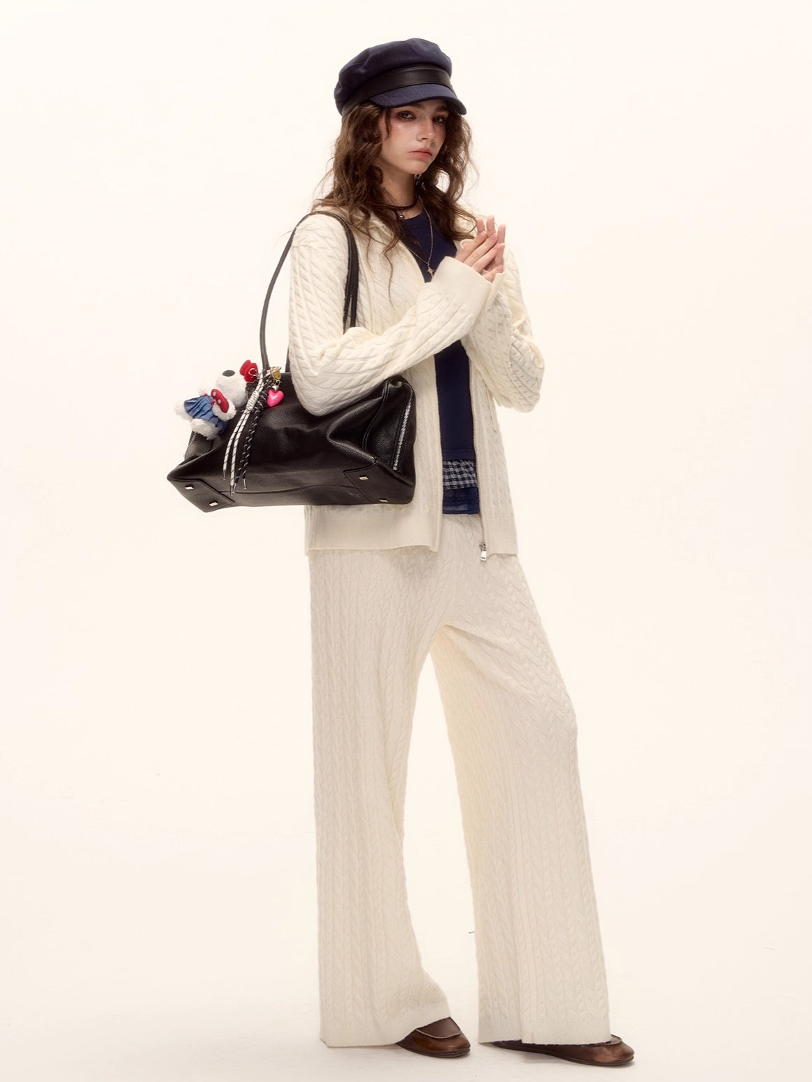 Wool Blend Cable Knit Zipped Hoodie &amp; Wide-Leg Pants Set