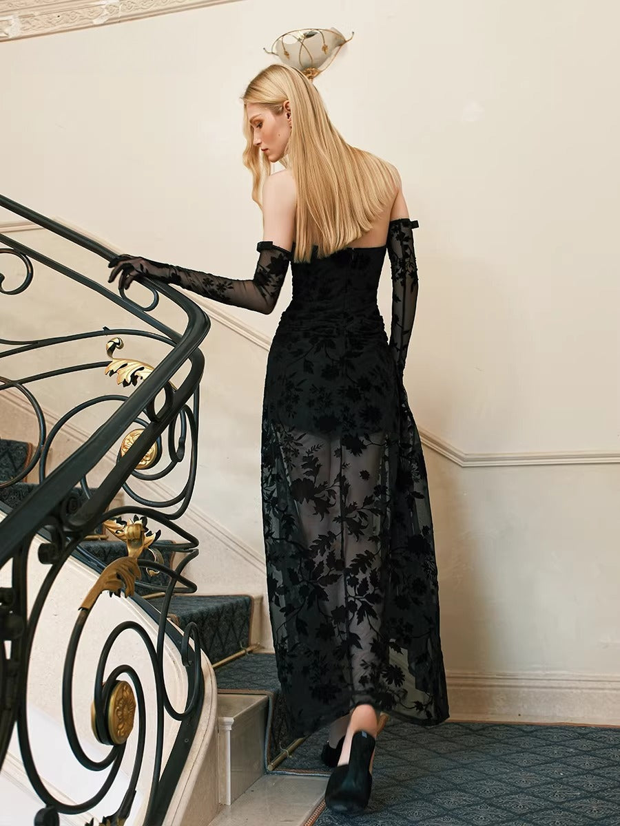 Velvet Halter-Tie Floral Corset Maxi Dress