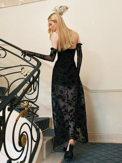 Velvet Halter-Tie Floral Corset Maxi Dress