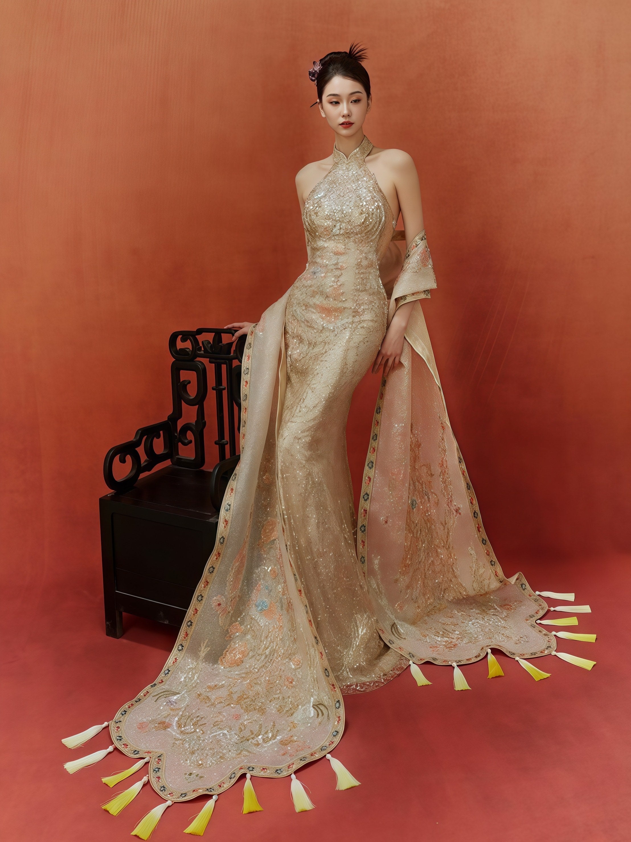 Imperial Gold Embroidered Halter Gown with Regal Shawl and Train