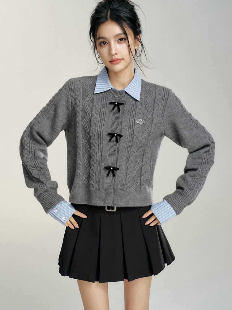 Bowknot Cable-Knit Round Neck Sweater