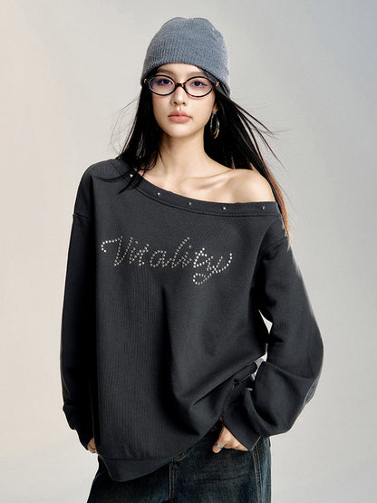 Gray Off-shoulder Studded Oversized Sweatshirt