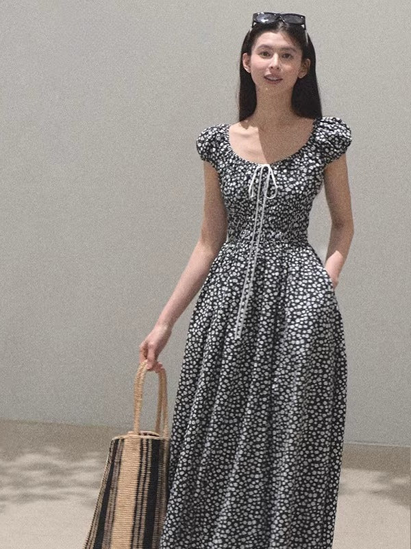 Botanical Graffiti Cotton Ruched Tie Dress