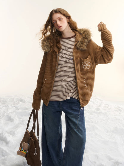 Embroidered Knit Zip-Up Hoodie Cardigan