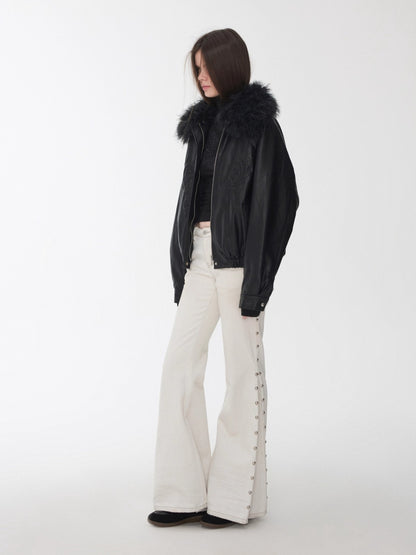 Embossed Faux Leather Puffer Detachable Fur Collar Jacket