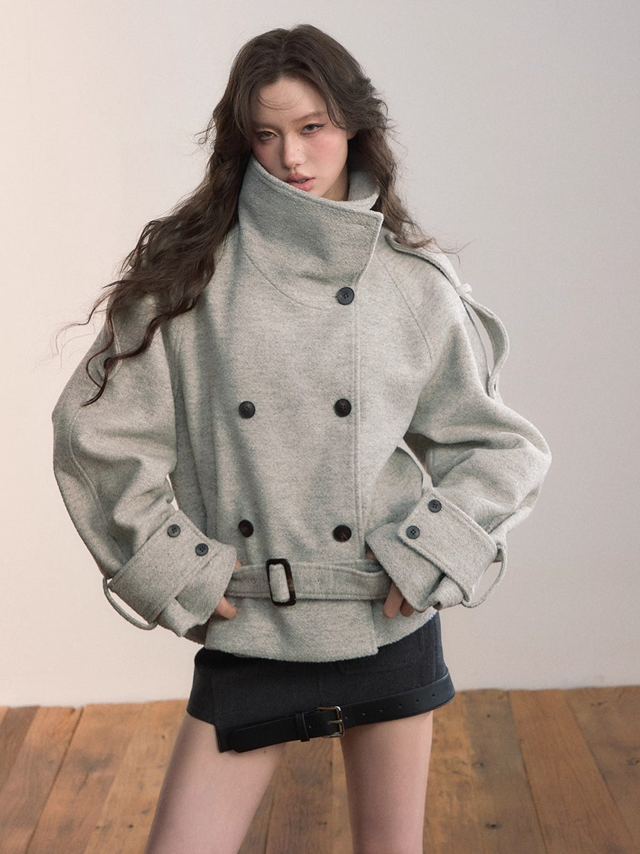 Contrast Double-Breasted Wool-Blend Belted Jacket