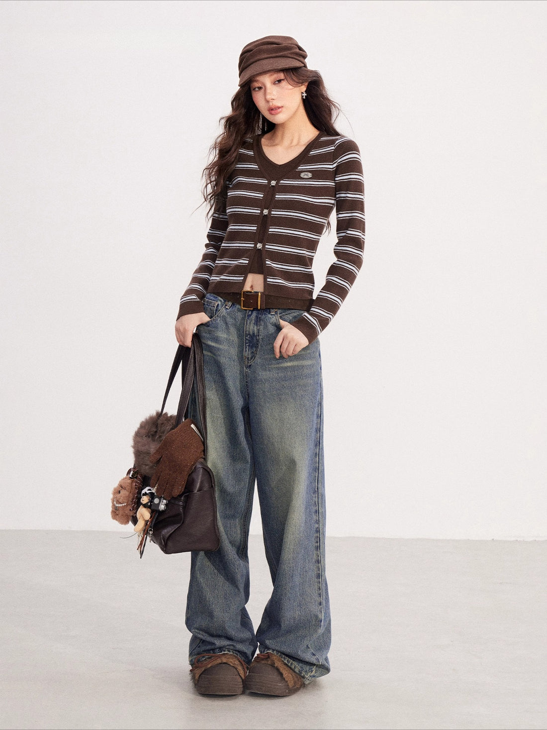 Layered-Effect Striped Knit V-Neck