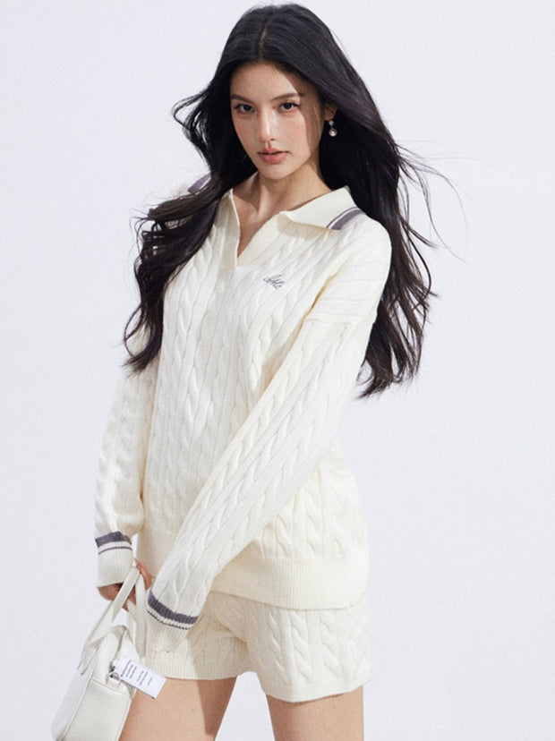 Color-Block Knit Top and Shorts Two-Piece Set