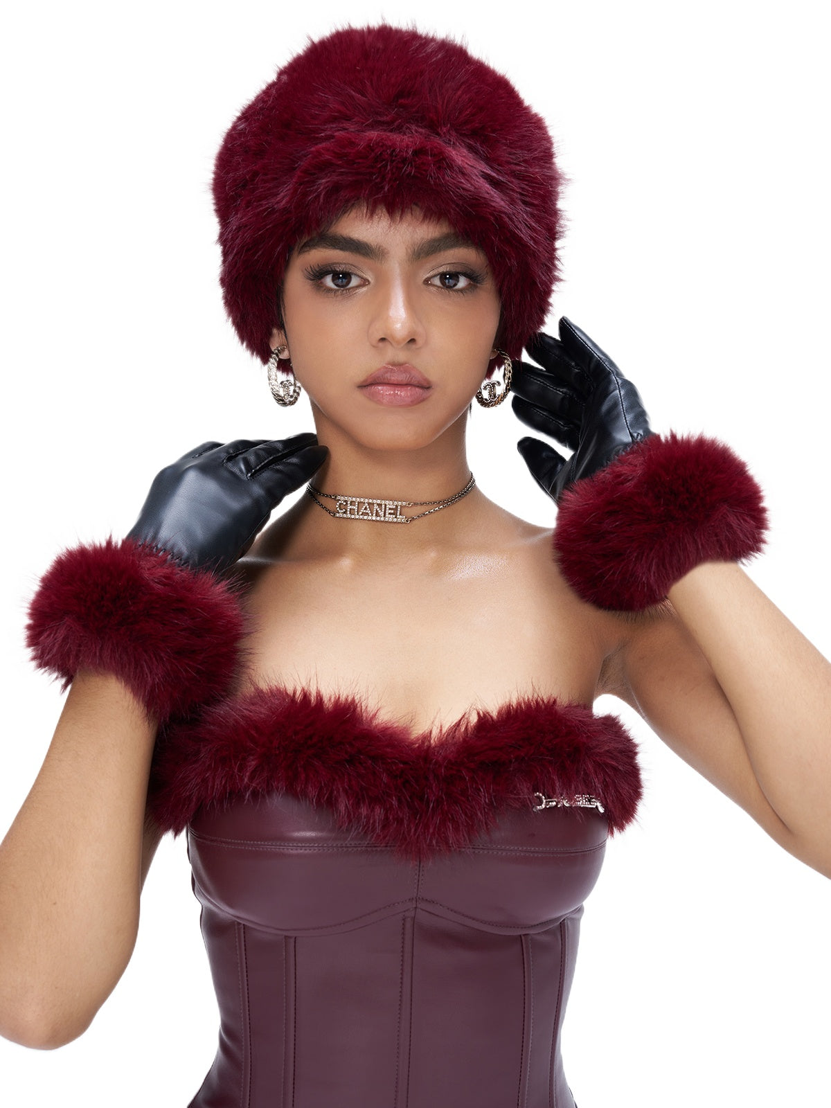 Fur Spliced Rhinestone Winter Gloves