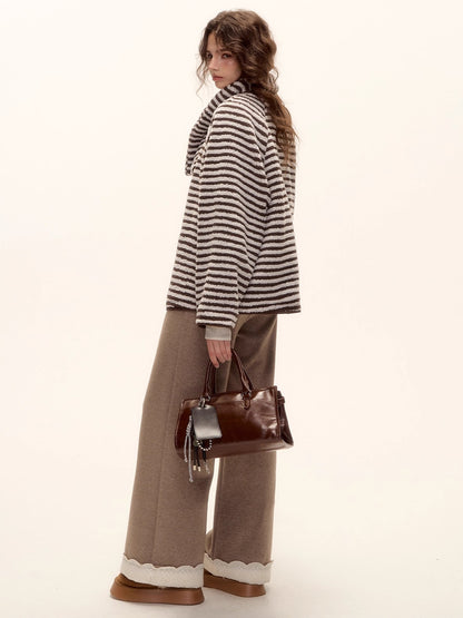 Embroidered Hem Wool Blend Wide-Leg Trousers