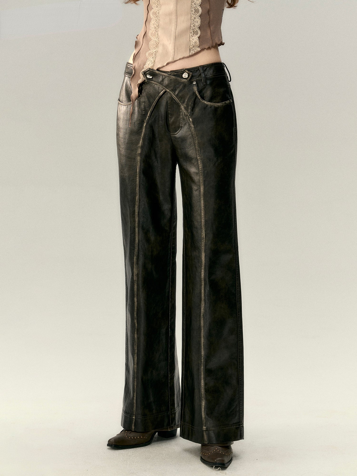 Black Vintage Straight-leg Leather Pants - CHINASQUAD