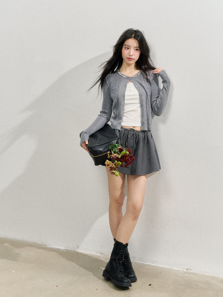 Handmade Rhinestone Collar Rose-Embroidered Knitted Cardigan - CHINASQUAD
