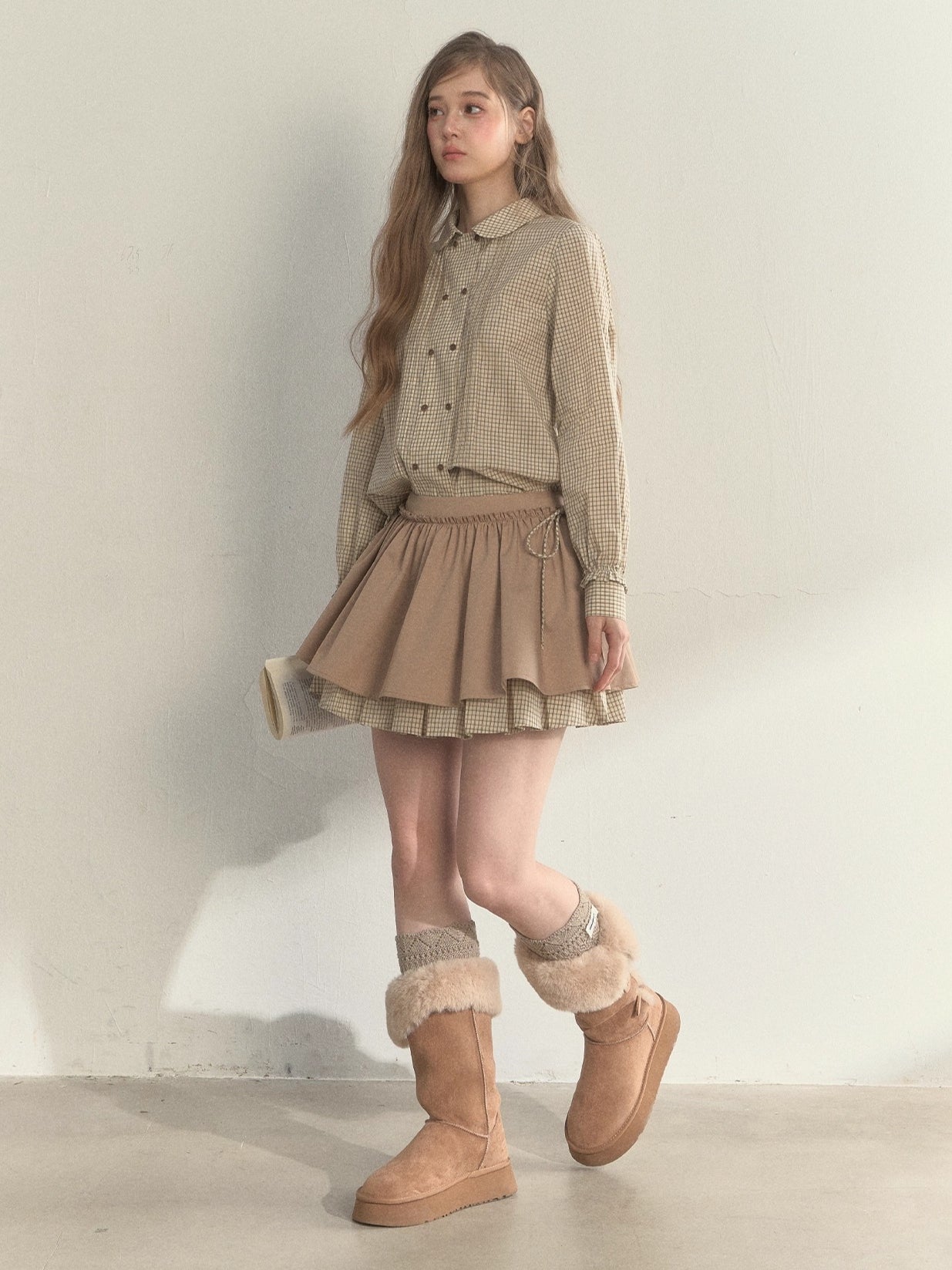 Retro Khaki Double-Layer Pleated Skirt