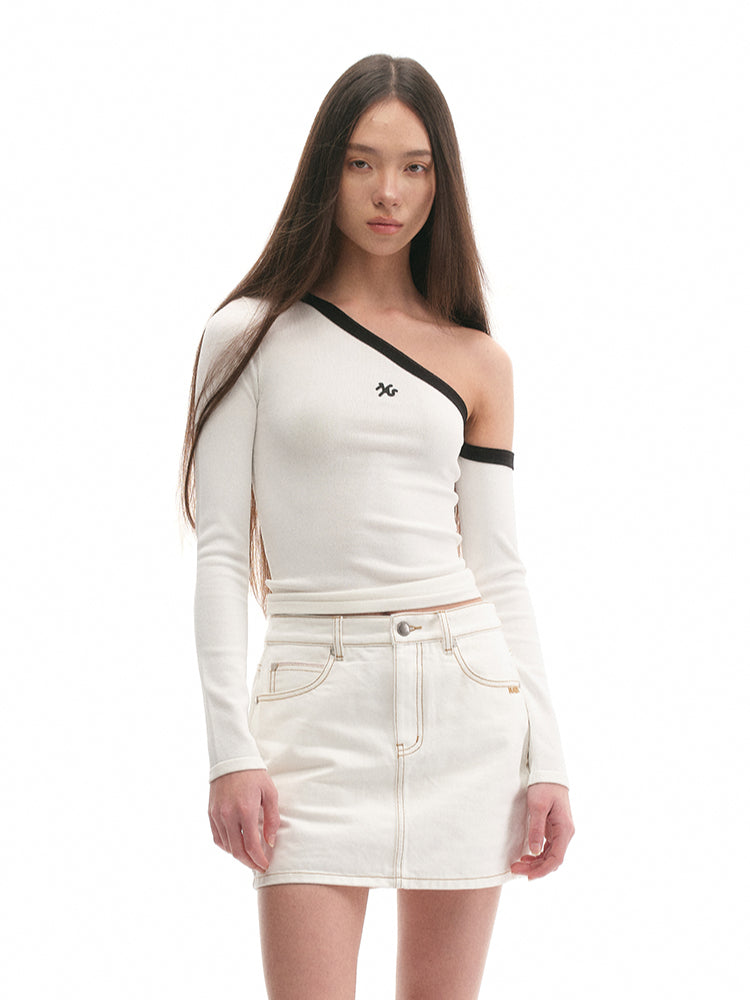 Asymmetrical Shoulder Slim-Fit Long-Sleeve Top