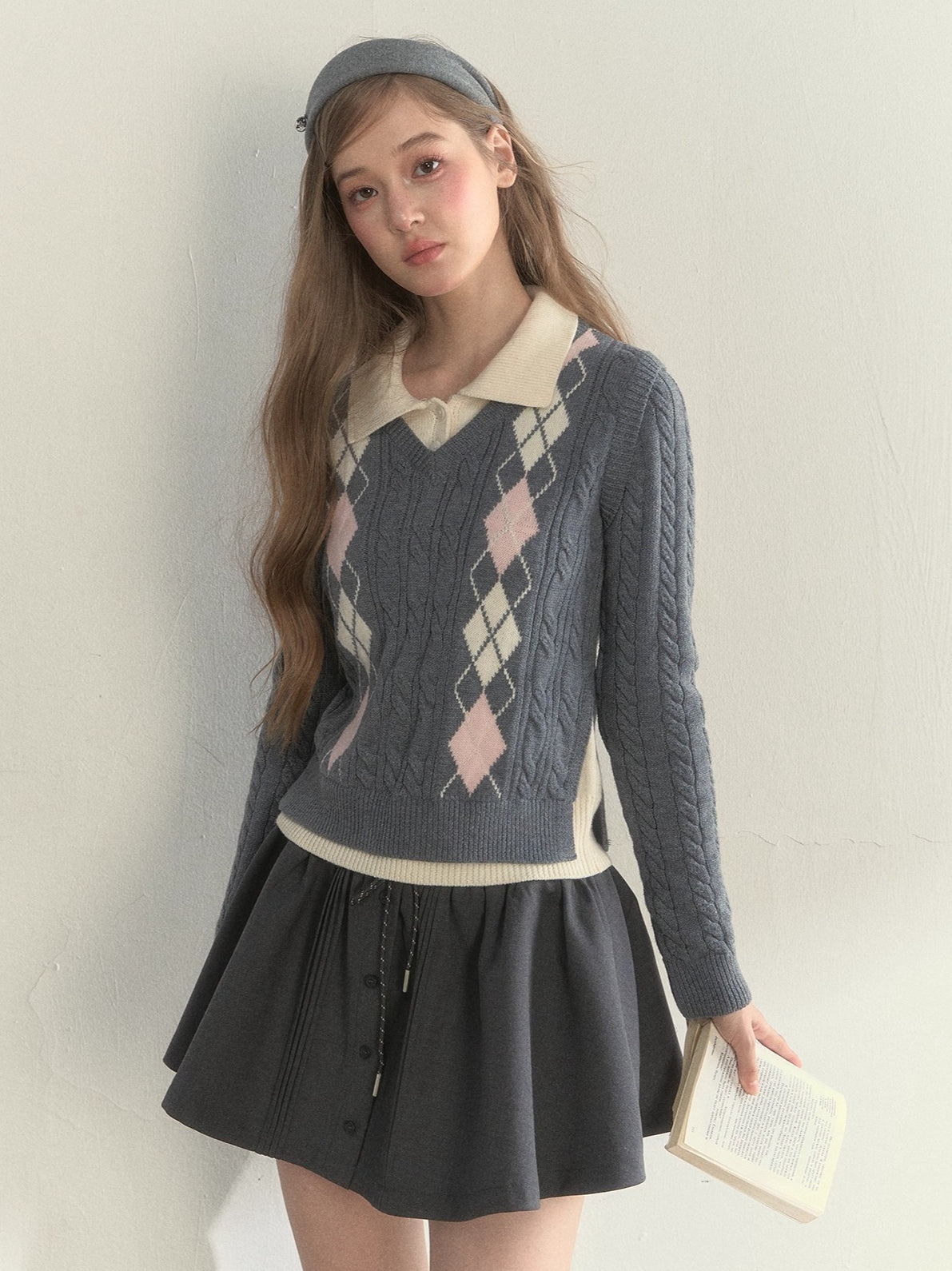 Vintage Argyle Cable Knit Layered Sweater