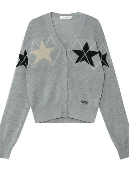 Single-breasted Star Argyle Knit Cardigan - CHINASQUAD
