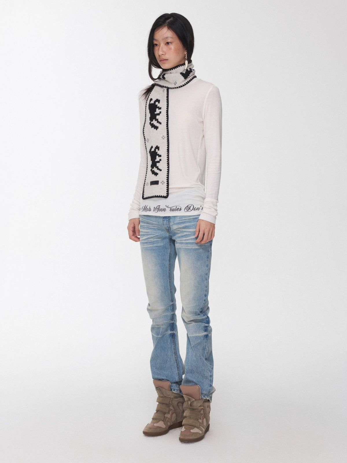 Basic Round-Neck Letter Print Semi-Sheer T-Shirt