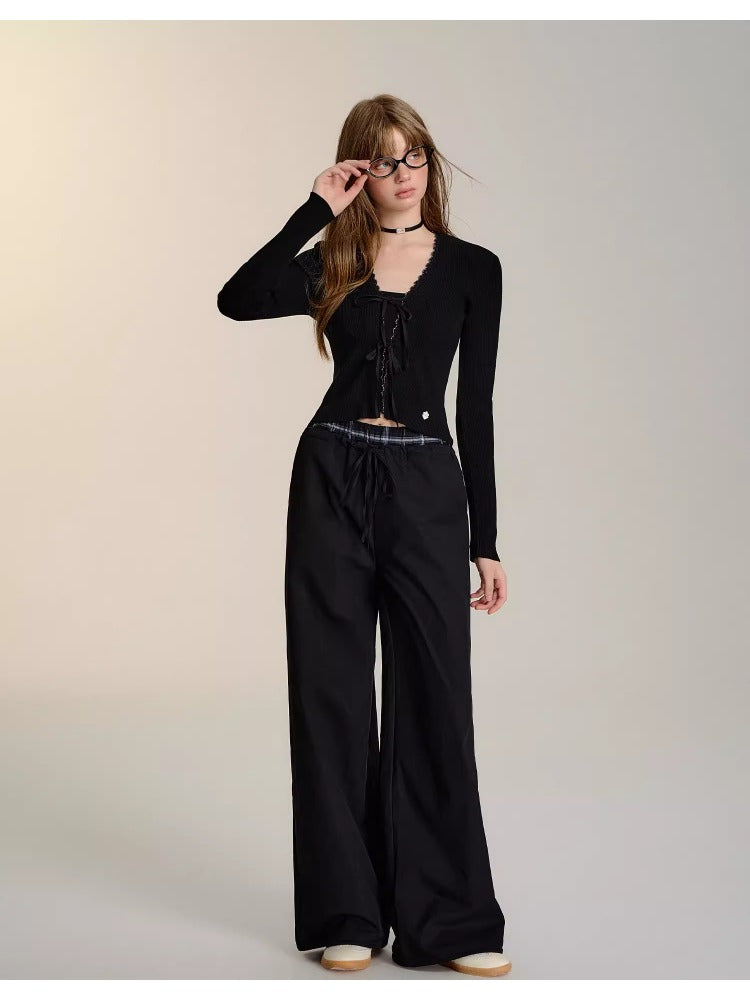 Black &amp; Brown Drawstring Wide-Leg Pants