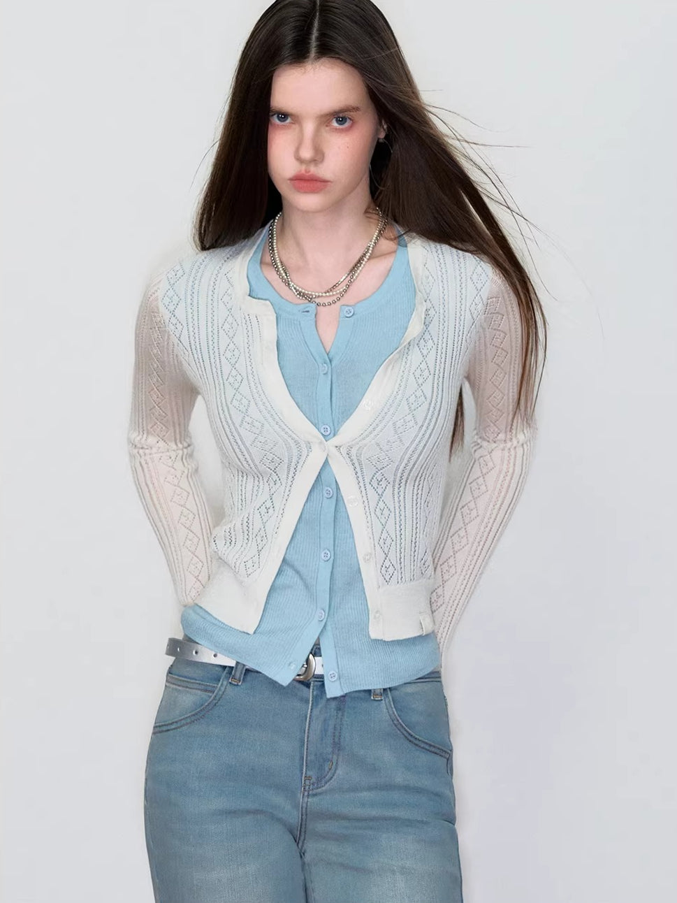 Layered-Effect Contrast Knit Cardigan