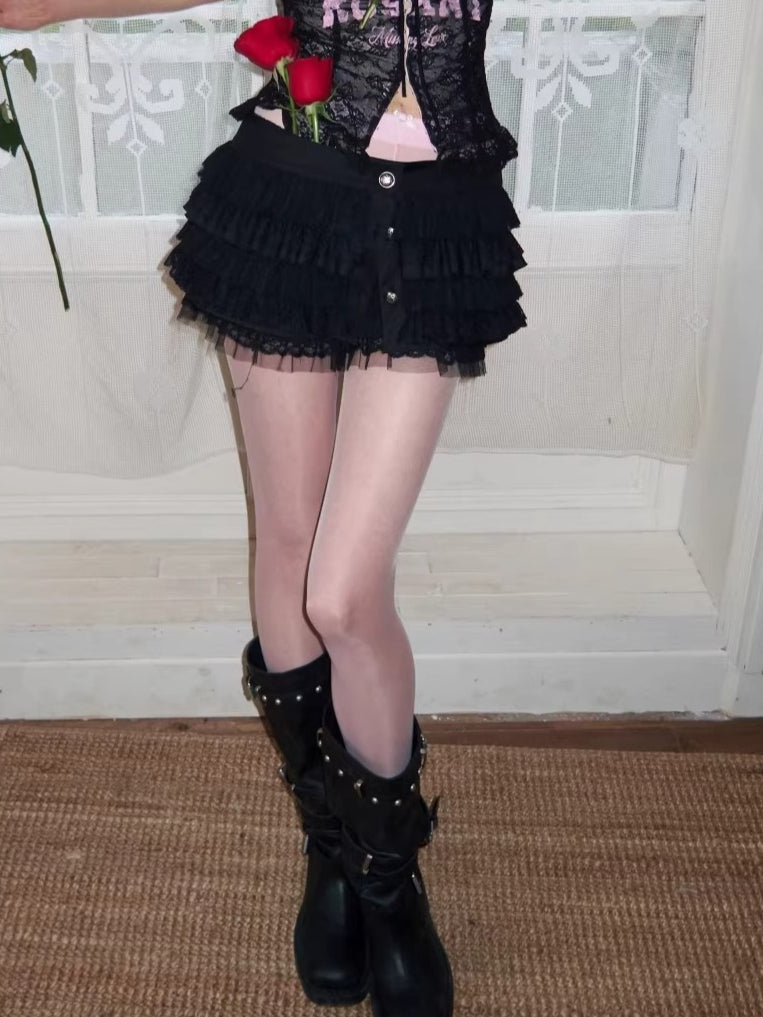 Button Chiffon Lace Layered Mini Skirt