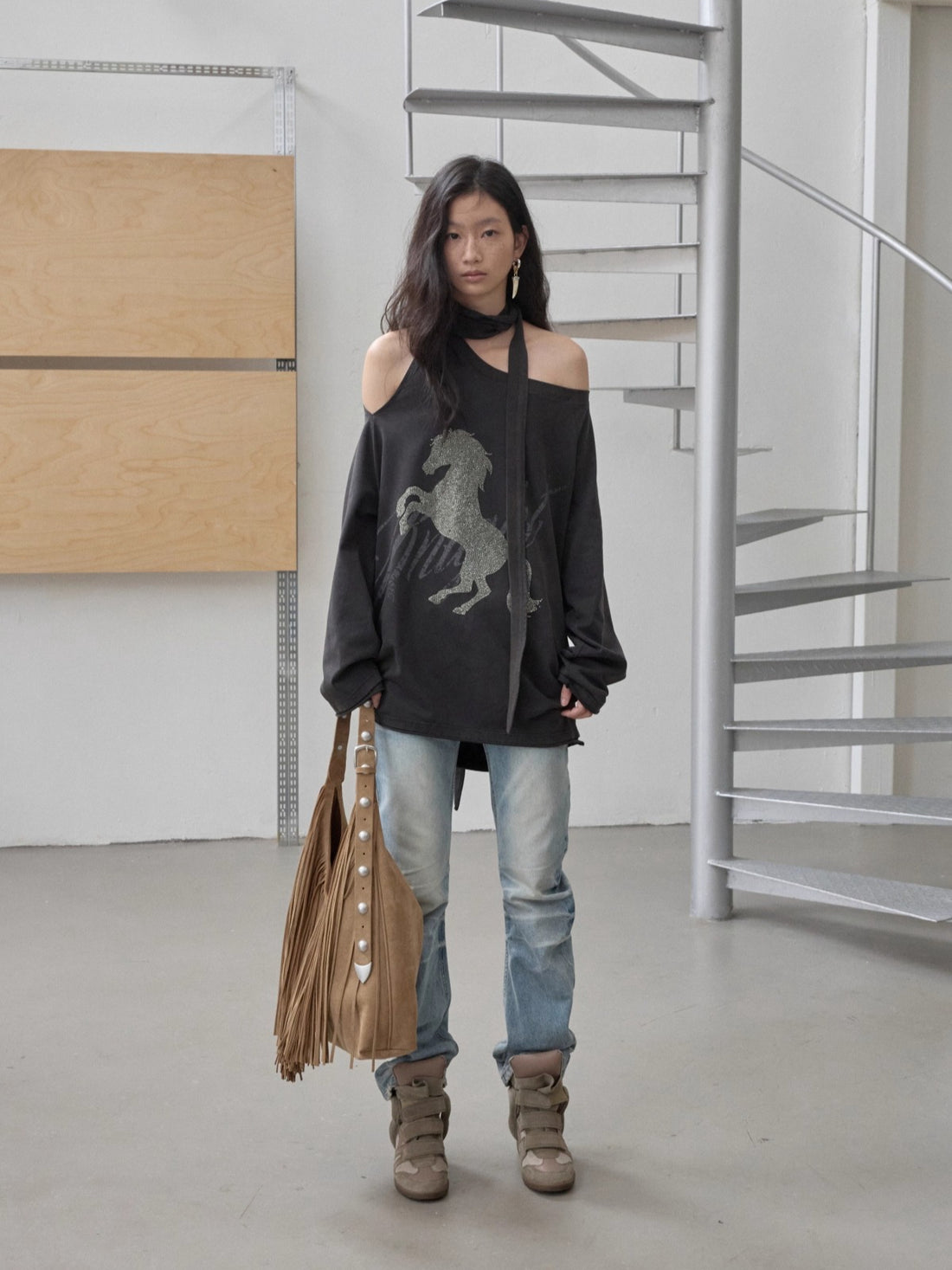 Vintage Pleated Washed Slim Curved Denim Pants