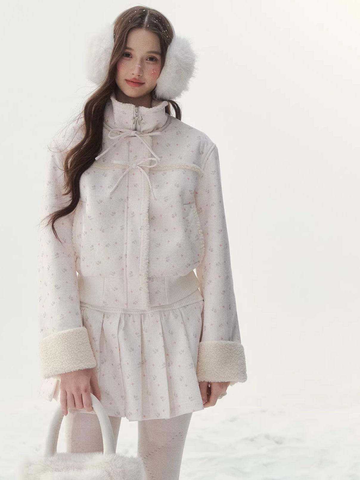 Shearling Patchwork Jacket Pleated Skirt Set