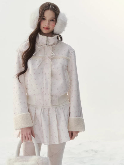 Shearling Patchwork Jacket Pleated Skirt Set