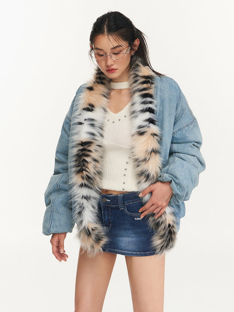 Leopard Collar Denim Jacket