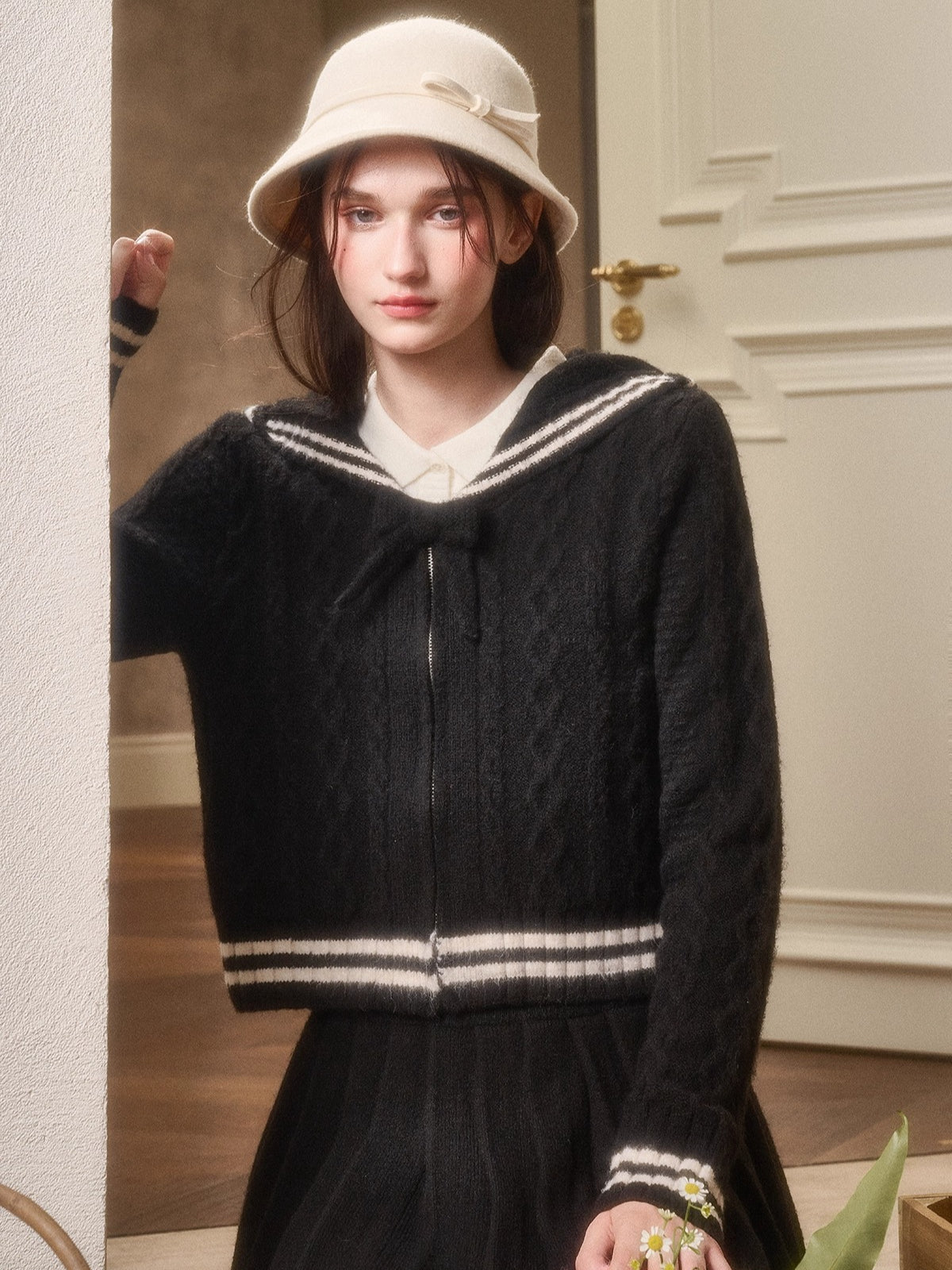 Memo Wool Cloud Knit Cardigan &amp; Pleated Skirt Set